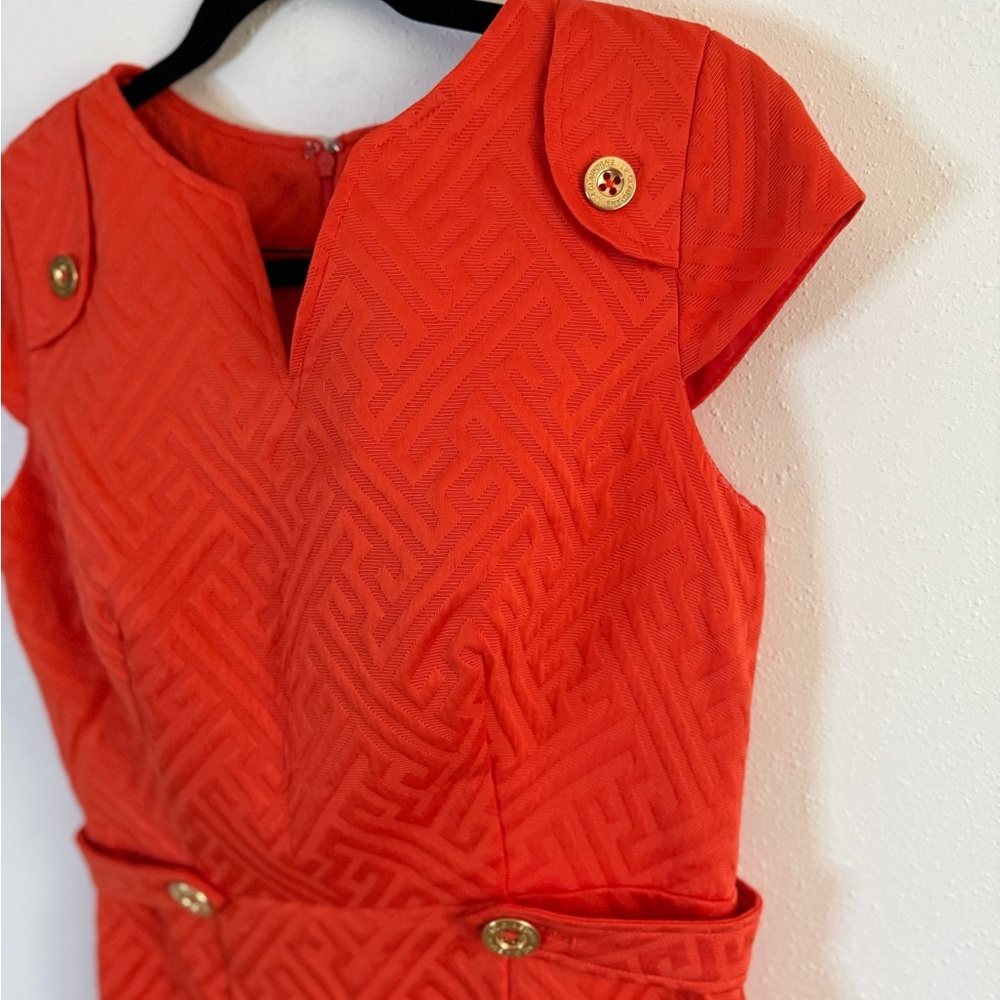 Liz Claiborne Orange Red Textured Sheath Dress Gold Button Size 6 - Picture 5 of 7